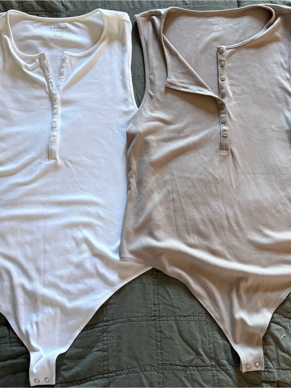 American Eagle Outfitters Ribbed Henley Bodysuits in White and Taupe